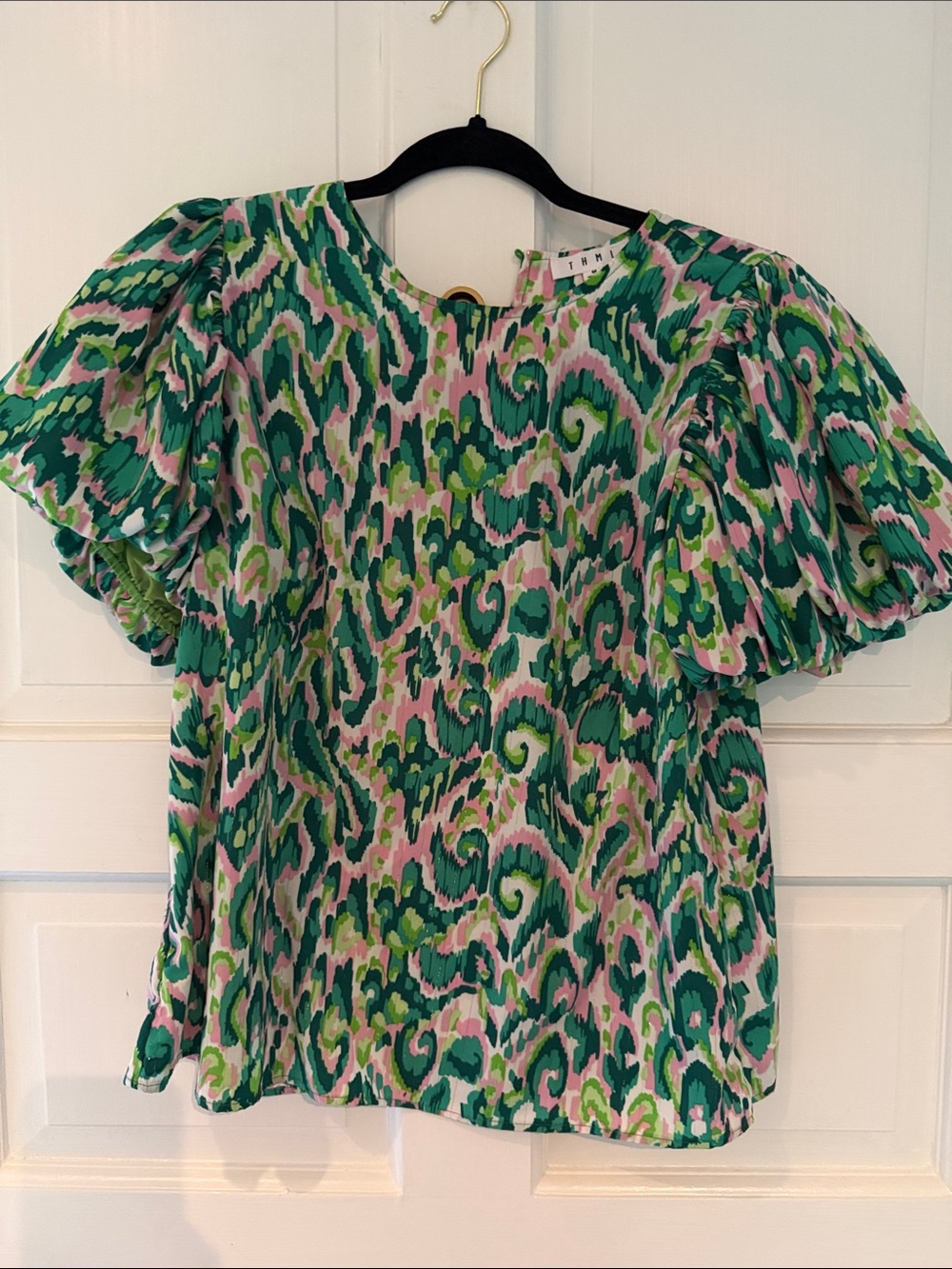THML Green & Pink Swirl Print Puff Sleeve Blouse